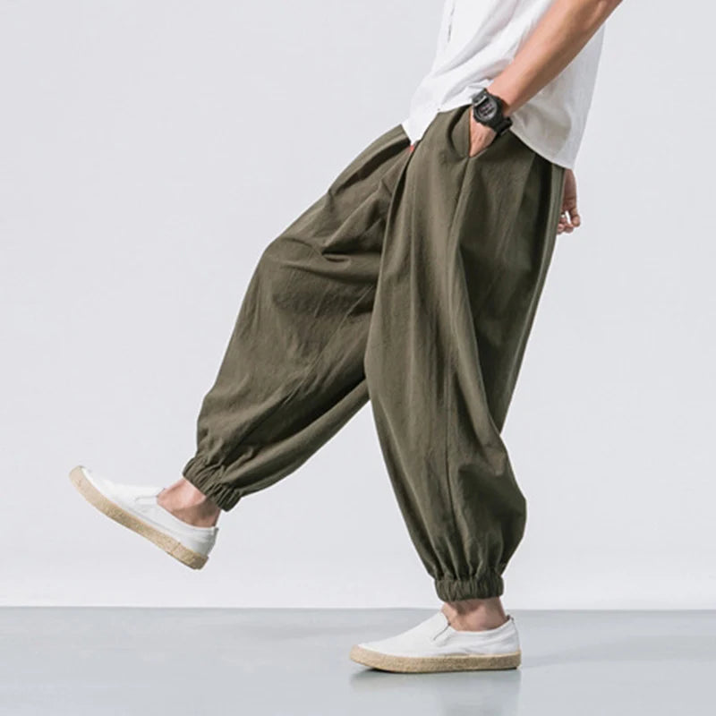 Cotton Linen Harem Pants Men Solid Elastic Waist Streetwear Joggers New Baggy Drop-crotch Pants Casual Trousers Men-Style Heaven