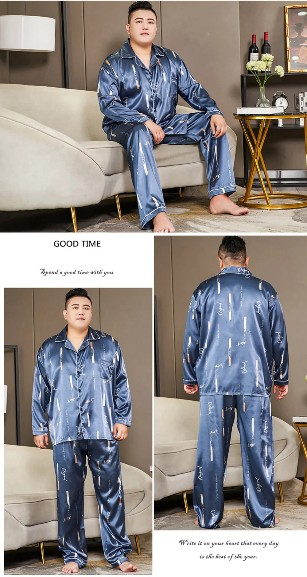 5XL Big Size Pajamas For Men 165KG Spring Summer Ice Silk Satin Cool Pajama Man Set Casual Loose Luxury Print Sleepwear Pijama-Style Heaven