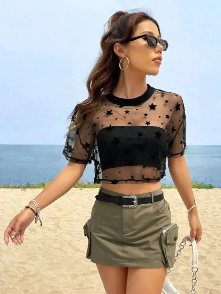 Summer Outfits Star Print Drop Shoulder Crop Mesh Top Without Camisole-Style Heaven