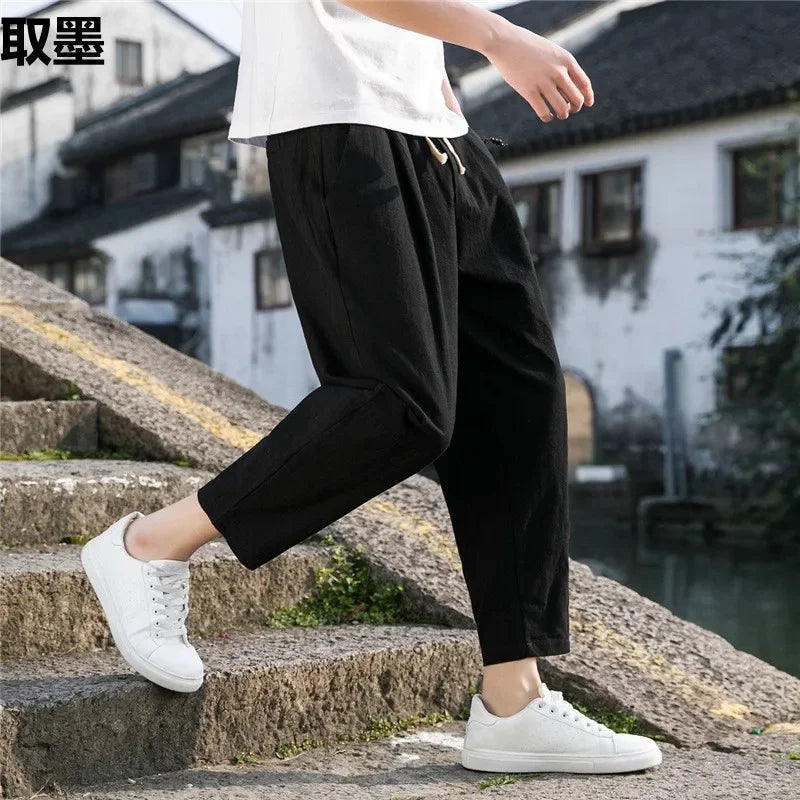 New Style Men's Cotton Linen Pants Summer Thin Loose Fit Bell Bottoms Casual Pants Simple Cropped Pants For Men - Clothing in ##color## by Style Heaven | High-Quality & Trendy Fashion