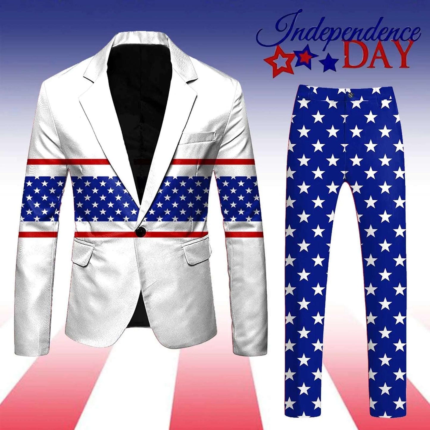 Suits - 2 Piece Set Men's Independence Day Blazer Long Sleeve Coat And Pants Set Printed Flag Button Suit Holiday Party Men's Suit Set