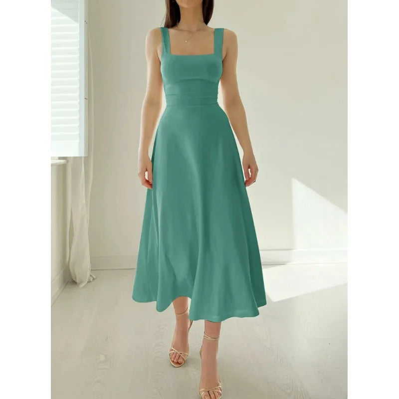 2025 Women Summer Dress Square Collar New Thick Shoulder Straps Slim Waist Dresses Solid Temperament Elegant Female Vestidos-Style Heaven