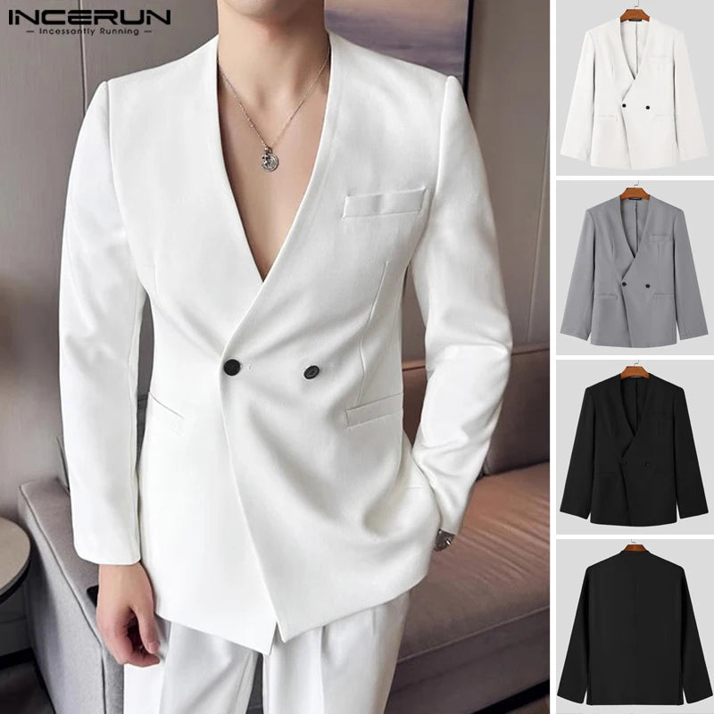 Men Sexy Solid Color Tops Casual Long Sleeve Blazer Bottun Pocket Elegant Suits Korean Fashion V-neck Coats S-5XL - Fashion Apparel in ##color## by Style Heaven | High-Quality & Trendy Fashion