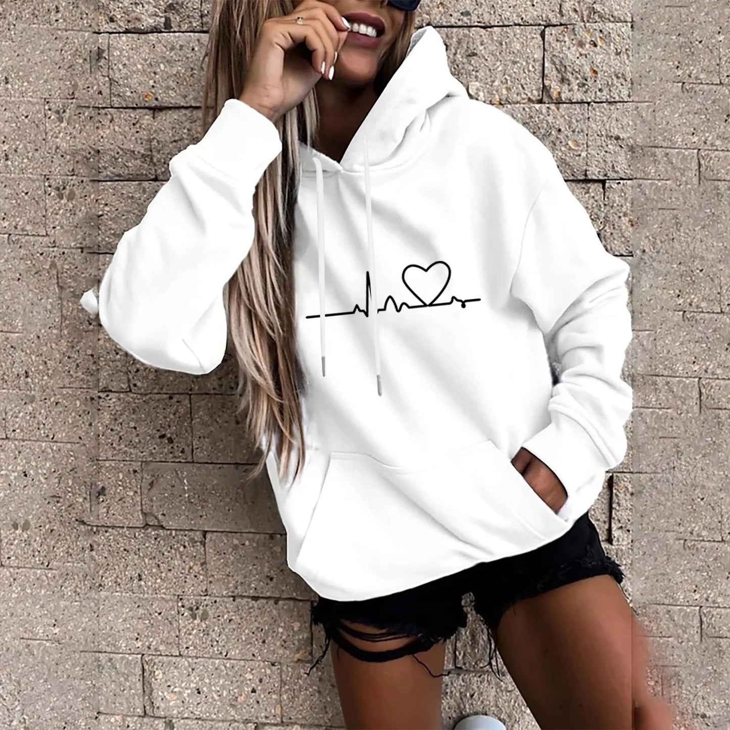 Heartbeat Sketch Printed Women's Hoodie Long Sleeve Casual Daily Wear 2025 Women Hoodies Fall Winter sudaderas de mujer-Style Heaven