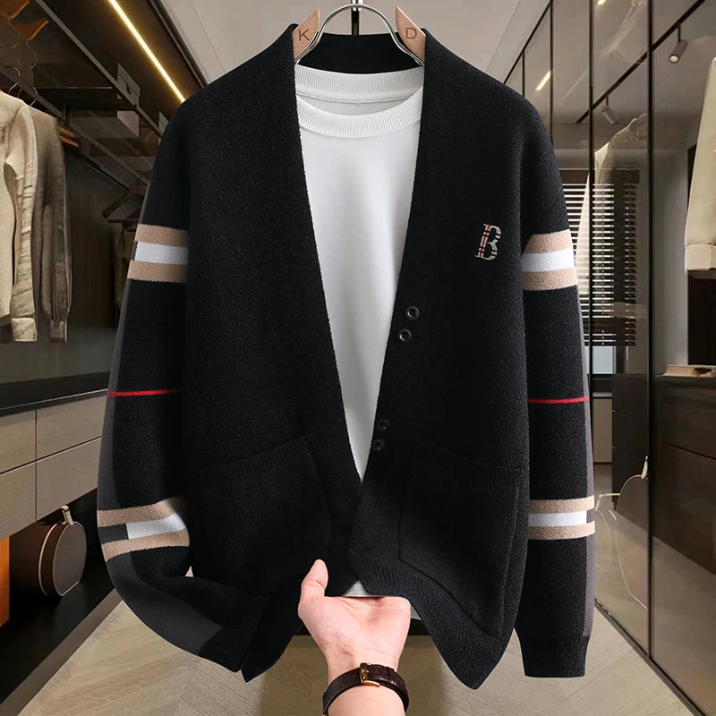 Autumn Winter Men's Sweaters Luxury Color Blocked Striped Jacquard Knit Cardigan Warm Keep Warm Thickened Knitted Coat Tops-Style Heaven