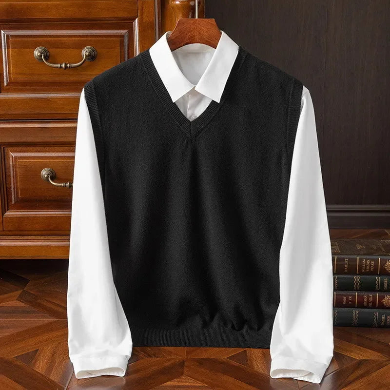 Cashmere Knitted Sweater Vest Men's Clothing V-neck Solid Color Pullover Camisole Bottom Spring Autumn Tops-Style Heaven