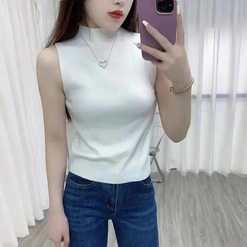 1PC Fashion Half Turtleneck Knitted Tank Top Summer Women Casual Solid Color Sleeveless Vest-Style Heaven