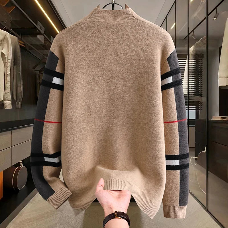 Autumn Winter Men's Sweaters Luxury Color Blocked Striped Jacquard Knit Cardigan Warm Keep Warm Thickened Knitted Coat Tops-Style Heaven