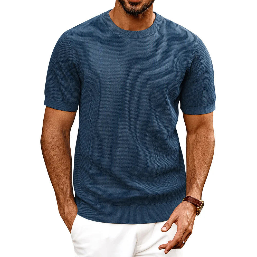 PJ Men Gentleman Basic Textured Knitted T-Shirt Short Sleeve Crew Neck Tops Knitwear High Stretch Fashion - Clothing Tops in ##color## by Style Heaven | High-Quality & Trendy Fashion