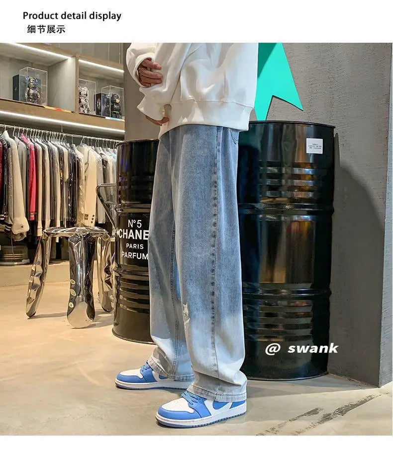 Male New Straight Vintage Gradient Washed Denim Pants Baggy Light Blue Black Casual Jeans  Printed  Fashion Hip Hop Streetwear-Style Heaven