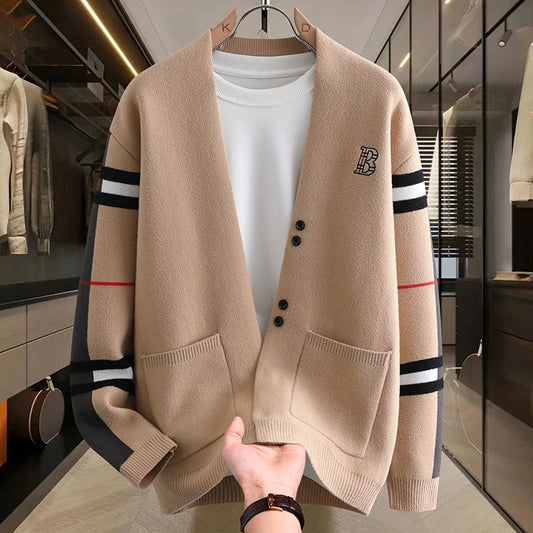 Autumn Winter Men's Sweaters Luxury Color Blocked Striped Jacquard Knit Cardigan Warm Keep Warm Thickened Knitted Coat Tops-Style Heaven