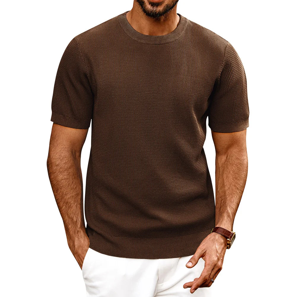 PJ Men Gentleman Basic Textured Knitted T-Shirt Short Sleeve Crew Neck Tops Knitwear High Stretch Fashion - Clothing Tops in ##color## by Style Heaven | High-Quality & Trendy Fashion