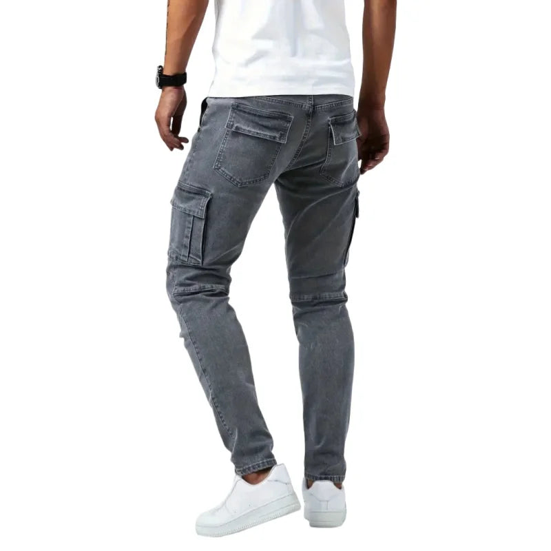 Men Elastic Skinny Jeans Soild Denim Pants Slim Fit Casual Jeans Multi Pocket Cargo Pants Fashion Casual Trousers Man Clothing-Style Heaven