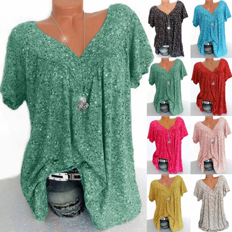 Casual Large Size V-Neck T-Shirt Tops Fashion Women T-Shirt Summer Printed Loose Bottoming Shirt