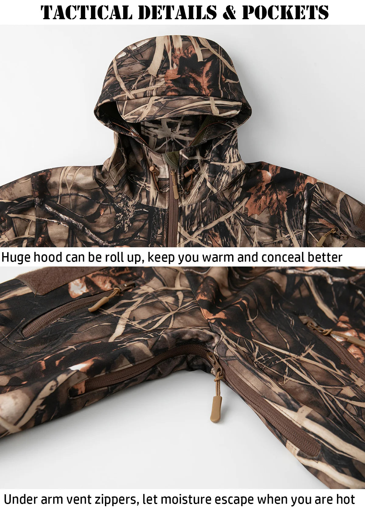 Men's Silent Camouflage Hunting Jacket Waterproof Fleece Tactical Jackets Soft Shell Outdoor Hiking Fishing Hooded Coat-Style Heaven