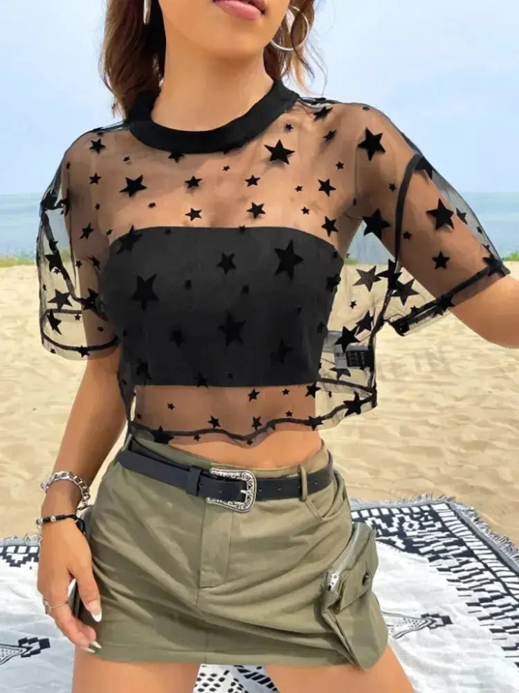 Summer Outfits Star Print Drop Shoulder Crop Mesh Top Without Camisole-Style Heaven