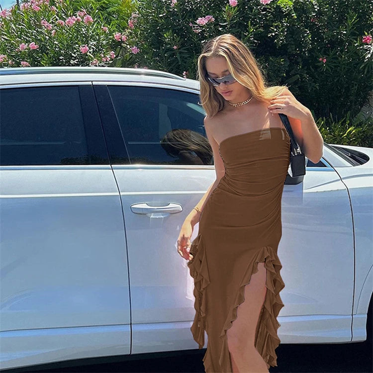 Elegant Strapless Dress For Women Summer Trend Irregular Tassel Skinny Split Long Dress Party Clubwear 2024 Women Outfit - Clothing in ##color## by Style Heaven | High-Quality & Trendy Fashion