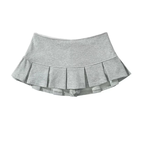 Terry Fabric Mini Skirt Women Low Waist Wide Pleat Light Grey Sexy Vintage A-line Pleated Skirt Casual Summer