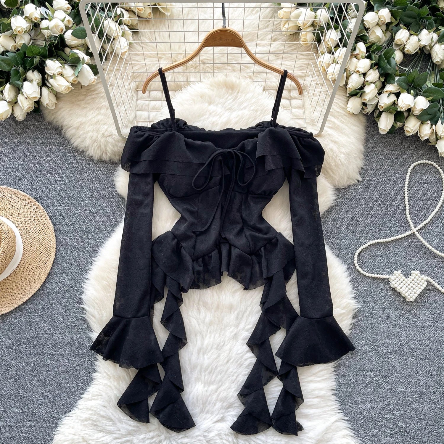 Korean Off Shoulder Sexy Blouse Female Long Flare Sleeves Ruffles Beach Shirt Summer Irregular Floral Hotsweet Top-Style Heaven