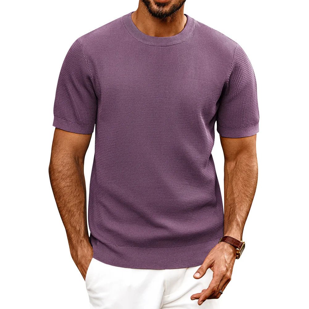 PJ Men Gentleman Basic Textured Knitted T-Shirt Short Sleeve Crew Neck Tops Knitwear High Stretch Fashion - Clothing Tops in ##color## by Style Heaven | High-Quality & Trendy Fashion