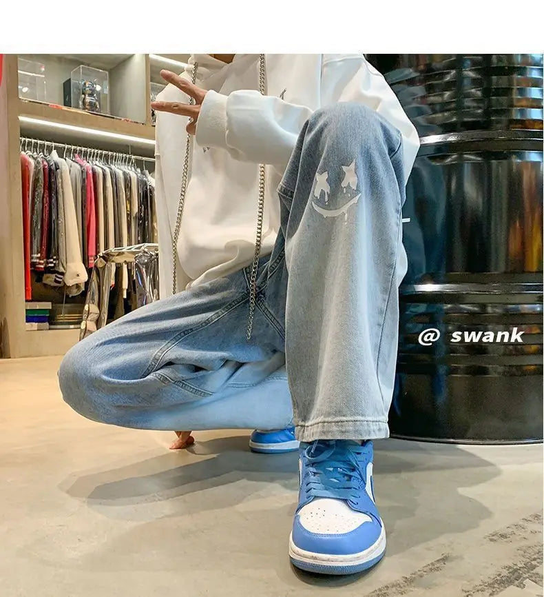 Male New Straight Vintage Gradient Washed Denim Pants Baggy Light Blue Black Casual Jeans  Printed  Fashion Hip Hop Streetwear-Style Heaven