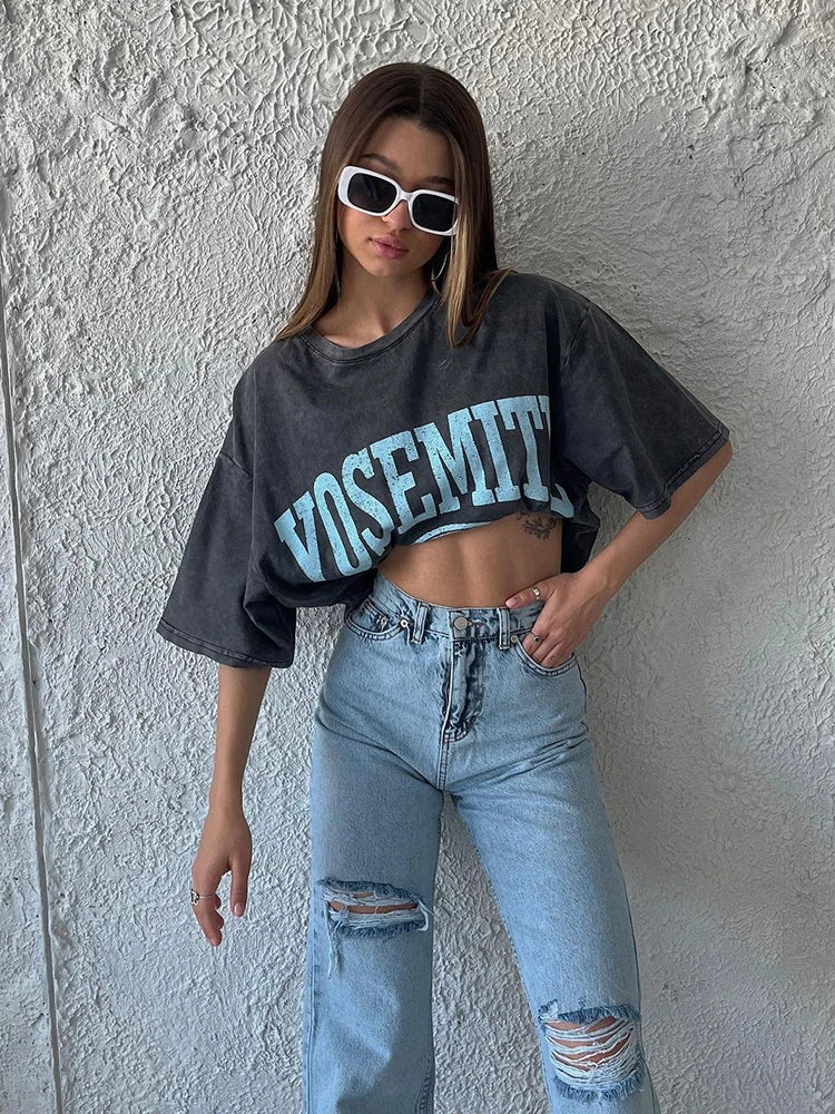 Acid Washed T Shirt Women Vintage Cotton T-shirts Streetwear Soft Mineral Tees Girl Loose Luxury Brand Tops Y2k