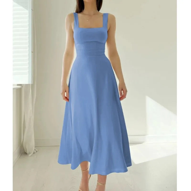 2025 Women Summer Dress Square Collar New Thick Shoulder Straps Slim Waist Dresses Solid Temperament Elegant Female Vestidos-Style Heaven