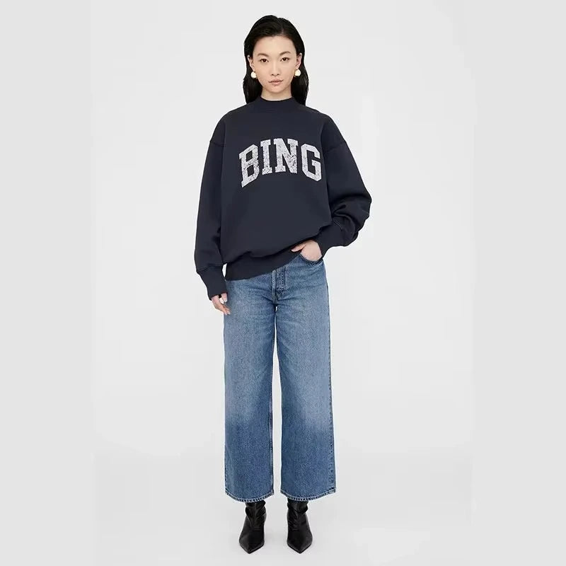 New Arrival Women's Loose Hoodie with Classic BING Printed Letters, Warm Fleece Lining and High Neck for Winter-Style Heaven