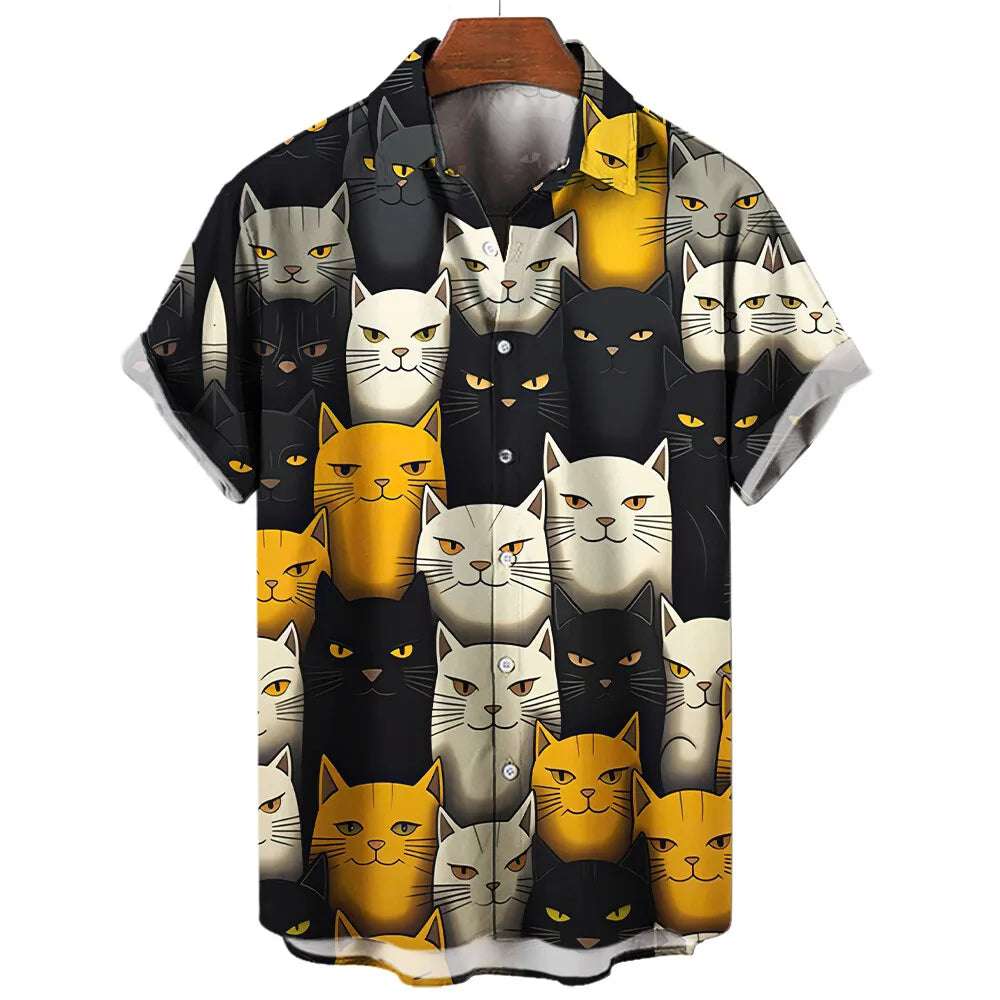 Summer Fashion Cartoon Animal Cat Print Men's Printed Short Sleeve Shirt Street Daily Casual Men Shirt Oversized Tops SIZE S-5XL - Clothing Tops in ##color## by Style Heaven | High-Quality & Trendy Fashion