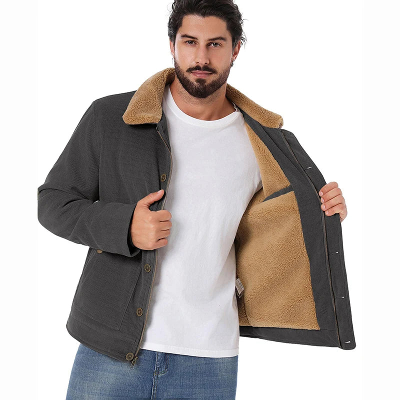 Men's Winter Corduroy Jacket Fleece Warm  Lined Cargo Work Jacket Casual Thick Sherpa Collar Trucker Deck Navy Coats-Style Heaven