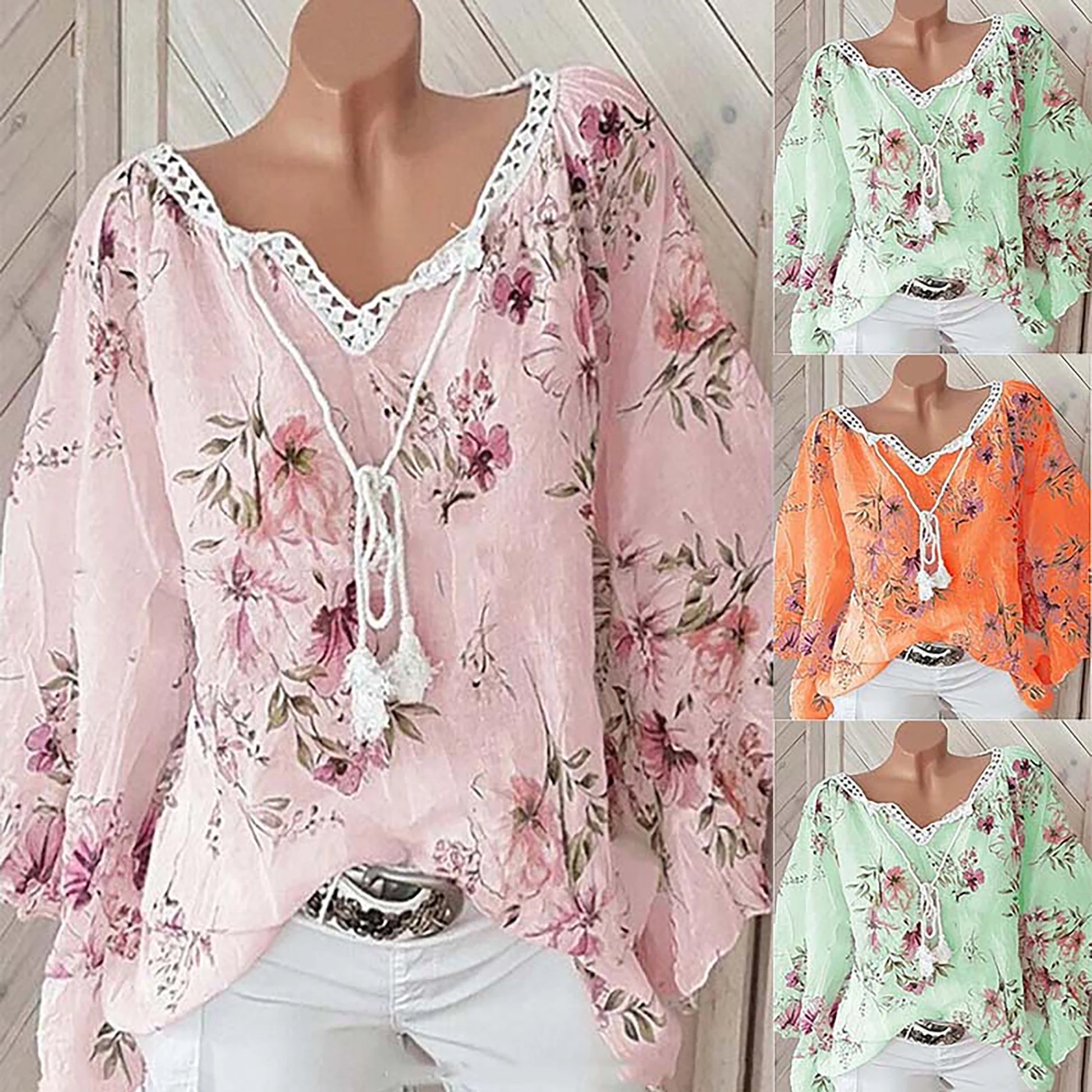 Europe and the United States spring and summer new women's top V-neck splicing print large size long-sleeved shirt women-Style Heaven