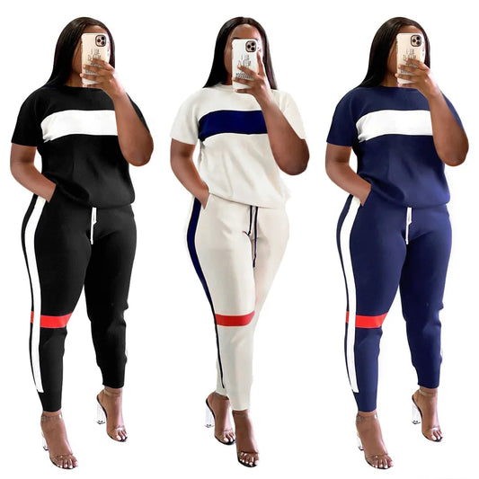 Ladies Tracksuits 2 Piece Sweatsuit Set Spring Summer Jogging Track Suit Women Casual Fashion Stripe Patchwork Pants Set Outfits