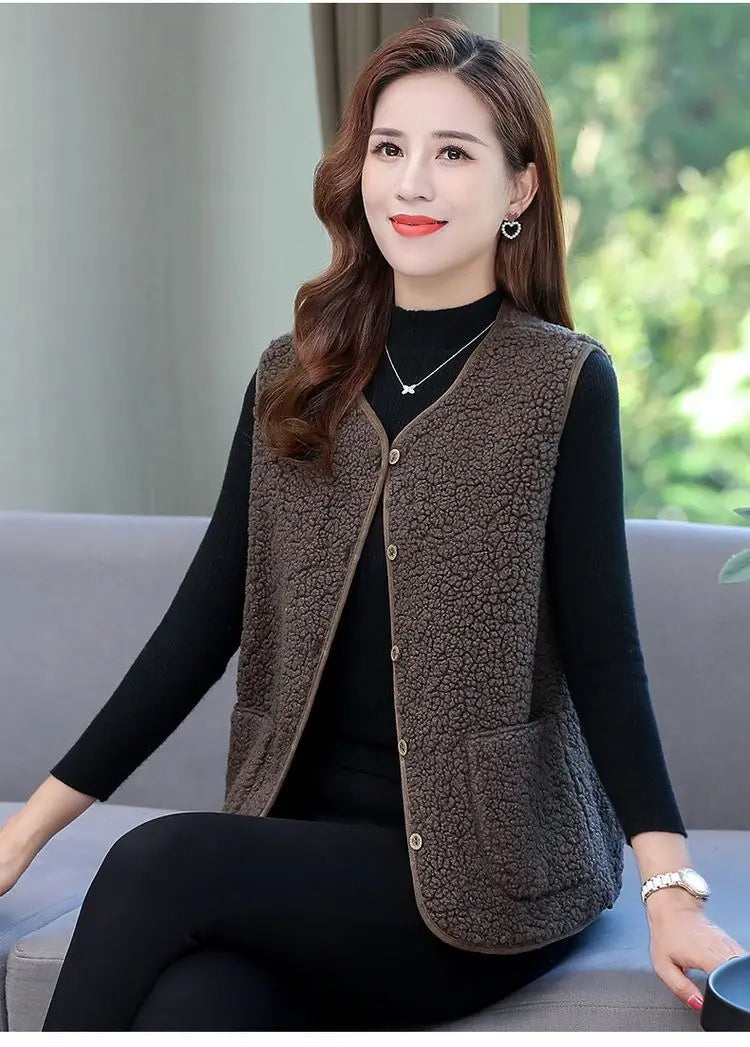 Women Autumn and Winter Fashion New Granular Fleece Coat Solid Color Button Pockets Splicing Warmth Versatile Sleeveless Vest