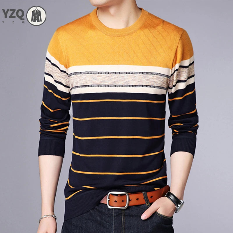 Men's Casual Striped Knit Spring and Autumn Long Sleeved Pullover Fashion Top-Style Heaven