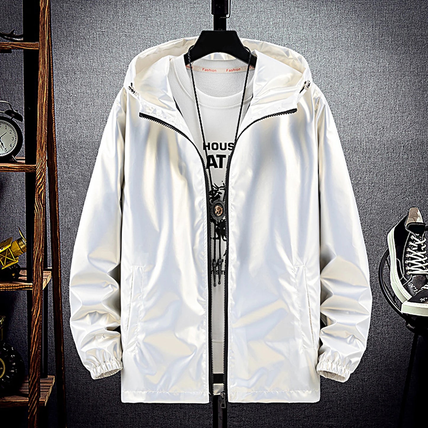 Spring Autumn Men Sunscreen Jacket Bright Colorful Hooded Outerwear Long Sleeve Pockets Zipper Placket Men Coat Streetwear-Style Heaven