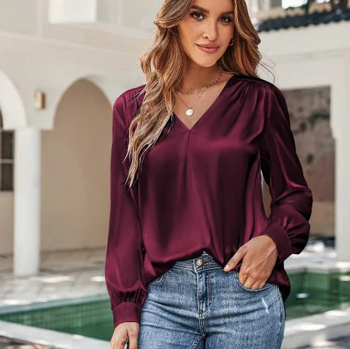 Elegant Women's Satin Imitation Silk Long Sleeve Shirt Autumn/Winter Solid Office Lady Lapel Button Blouse Women Clothing S-XXL-Style Heaven