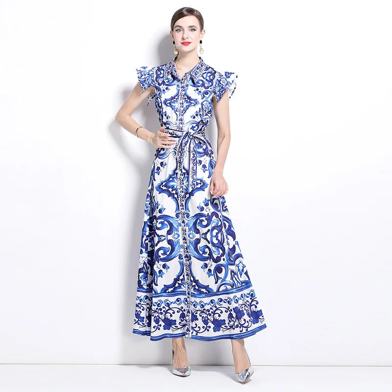 2025 Summer Blue White Porcelain Print Long Dress Shirt Women Single Breasted Flying Sleeve Elegant Floral Party Maxi Vestidos-Style Heaven