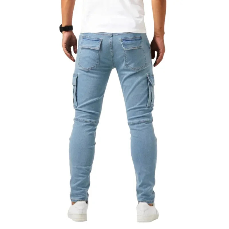 Men Elastic Skinny Jeans Soild Denim Pants Slim Fit Casual Jeans Multi Pocket Cargo Pants Fashion Casual Trousers Man Clothing-Style Heaven