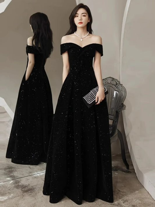 New Arrival Starry Sky Velvet off-Shoulder Black Host Evening Dress Dress Banquet Temperament Winter Long - Clothing in ##color## by Style Heaven | High-Quality & Trendy Fashion