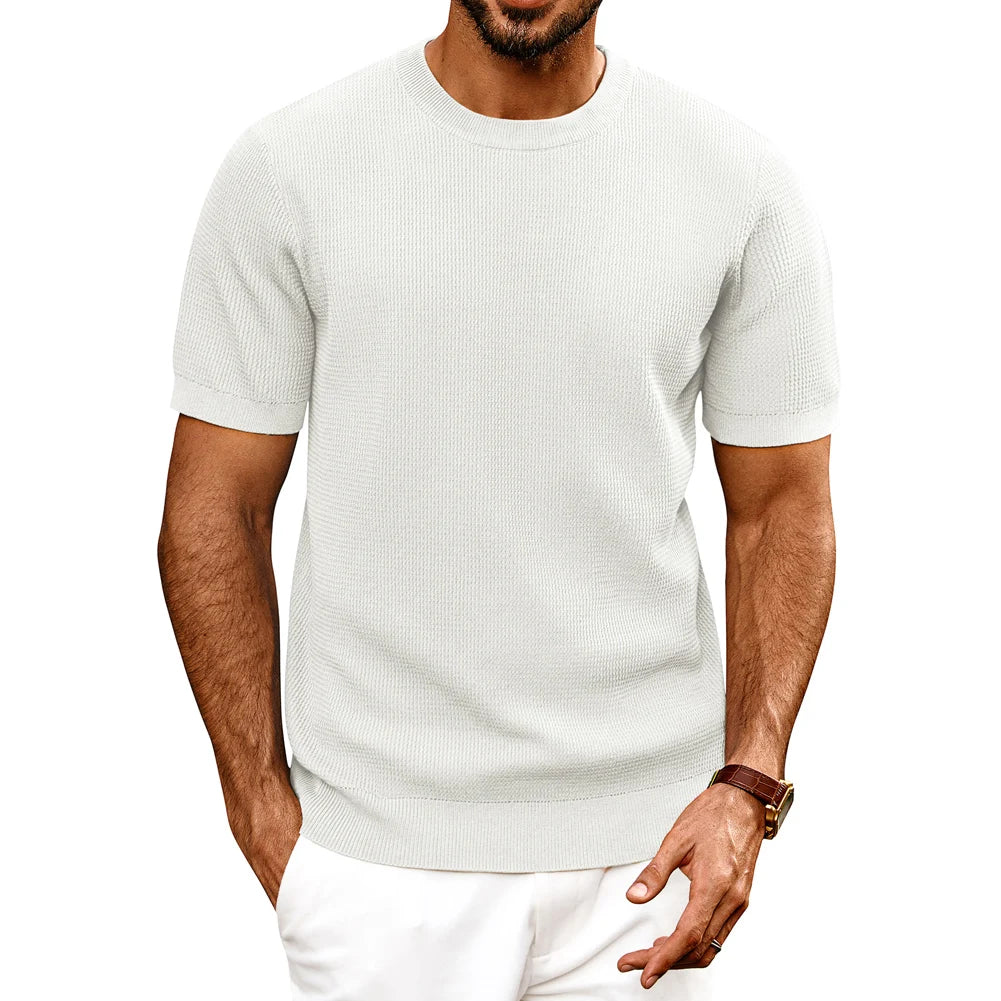 PJ Men Gentleman Basic Textured Knitted T-Shirt Short Sleeve Crew Neck Tops Knitwear High Stretch Fashion - Clothing Tops in ##color## by Style Heaven | High-Quality & Trendy Fashion