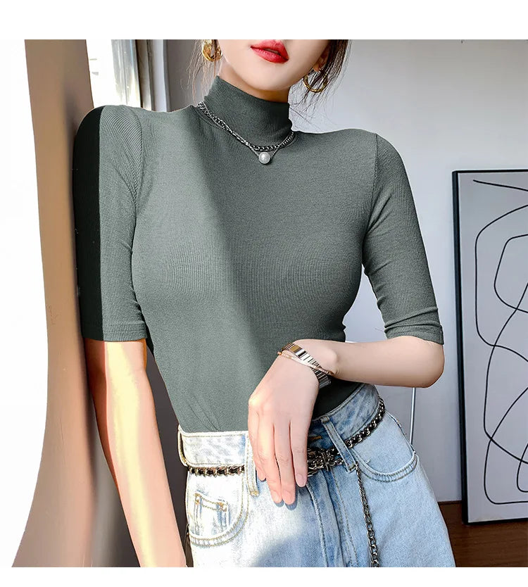 Basic Cotton T Shirt Women Turtleneck Slim Tshirt Short Sleeve T-shirts Female Casual Elasticity White Tee Shirt Femme Woman Top