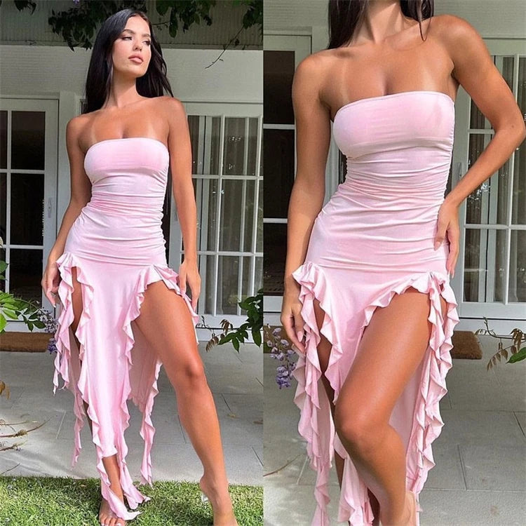 Elegant Strapless Dress For Women Summer Trend Irregular Tassel Skinny Split Long Dress Party Clubwear 2024 Women Outfit - Clothing in ##color## by Style Heaven | High-Quality & Trendy Fashion