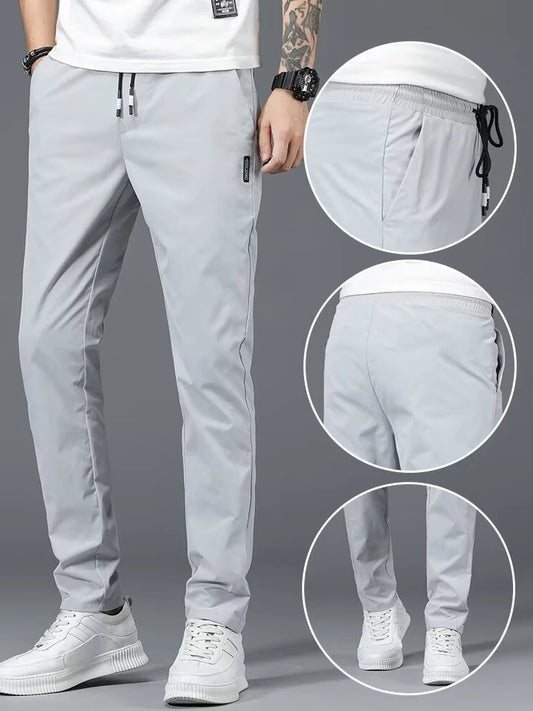 High end ice silk pants for men in summer, thin style, quick drying, large size, long pants for men in sports, casual-Style Heaven