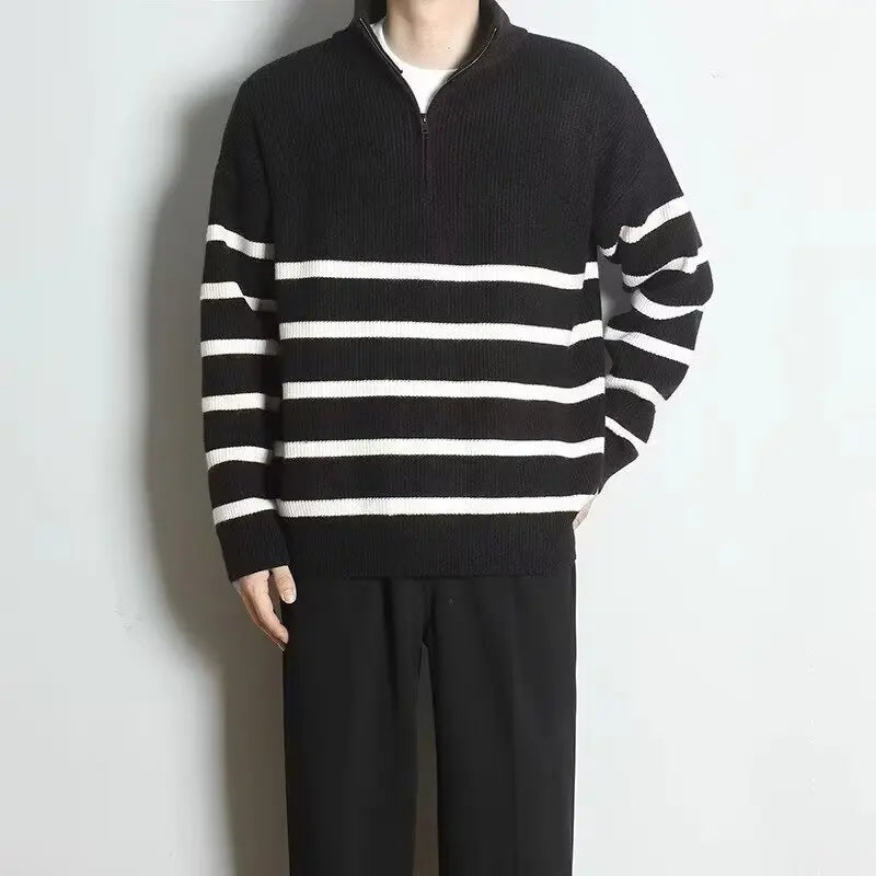 Korean Sle Men's Knitted Sweater mid High Collar Slim Fit Long Sleeve Striped Hoodie Casual Fashion Spring Autumn Season-Style Heaven