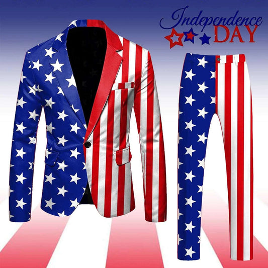 Suits - 2 Piece Set Men's Independence Day Blazer Long Sleeve Coat And Pants Set Printed Flag Button Suit Holiday Party Men's Suit Set