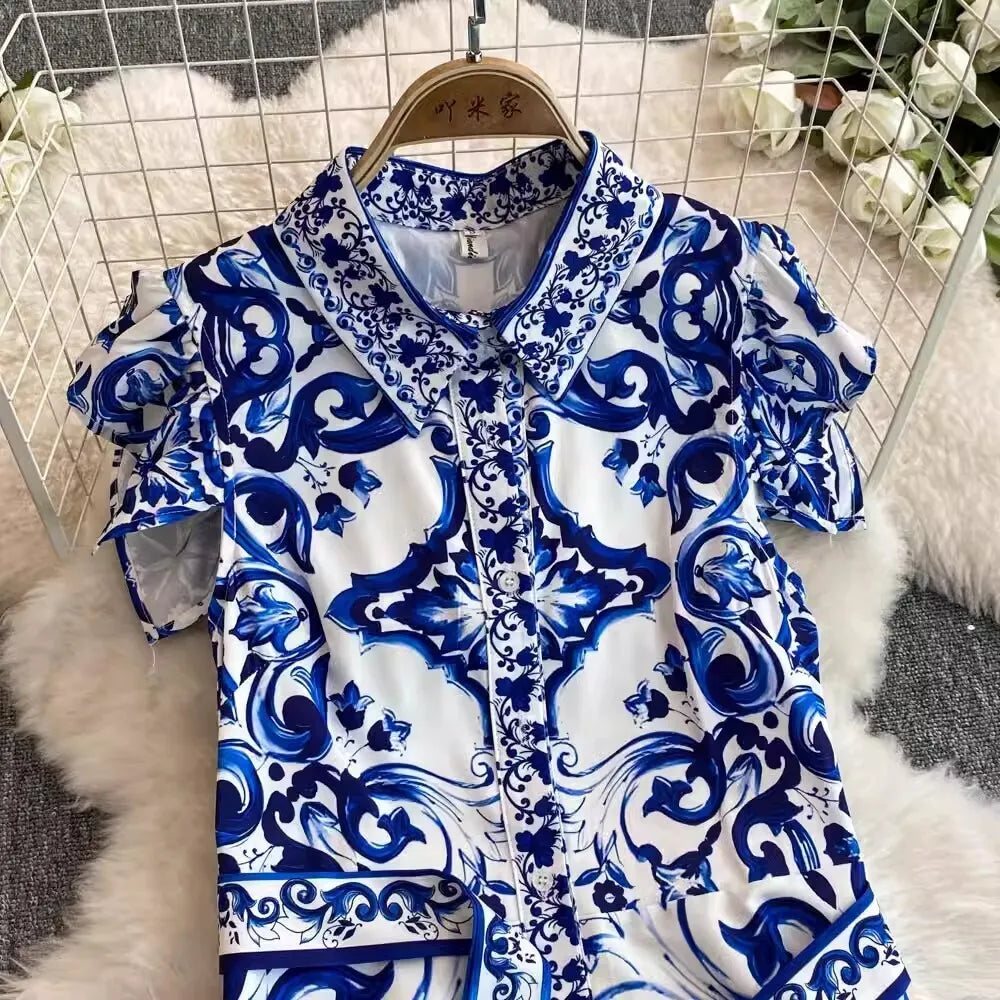 2025 Summer Blue White Porcelain Print Long Dress Shirt Women Single Breasted Flying Sleeve Elegant Floral Party Maxi Vestidos-Style Heaven