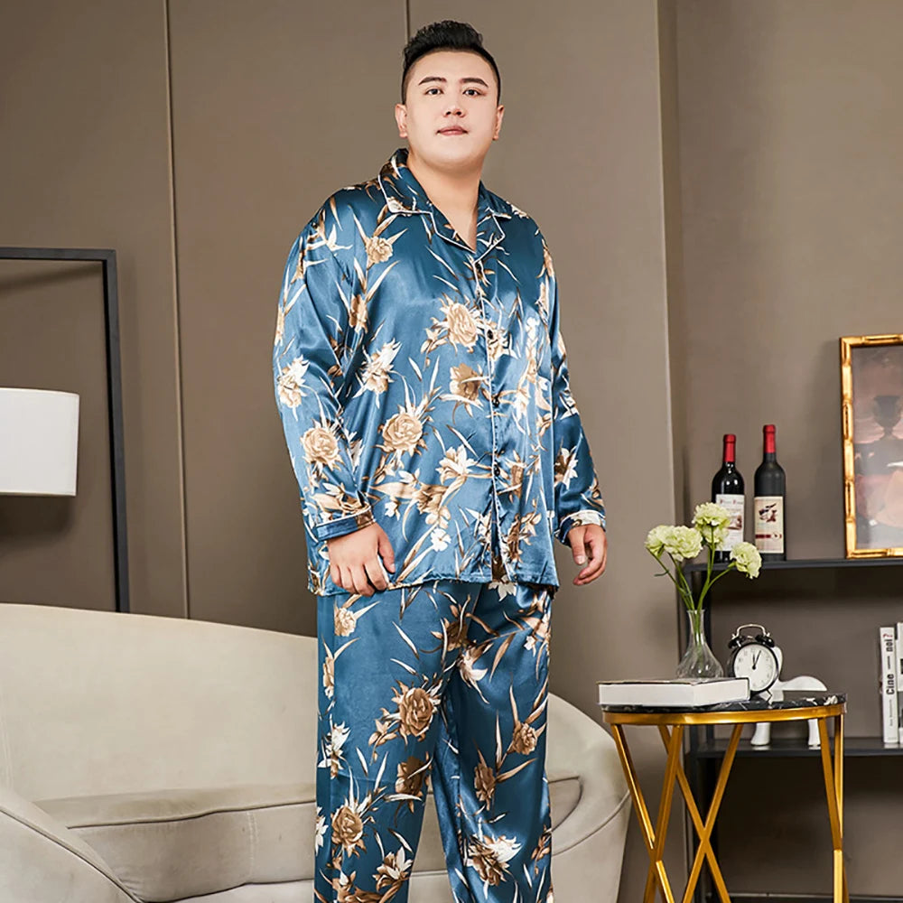 5XL Big Size Pajamas For Men 165KG Spring Summer Ice Silk Satin Cool Pajama Man Set Casual Loose Luxury Print Sleepwear Pijama-Style Heaven