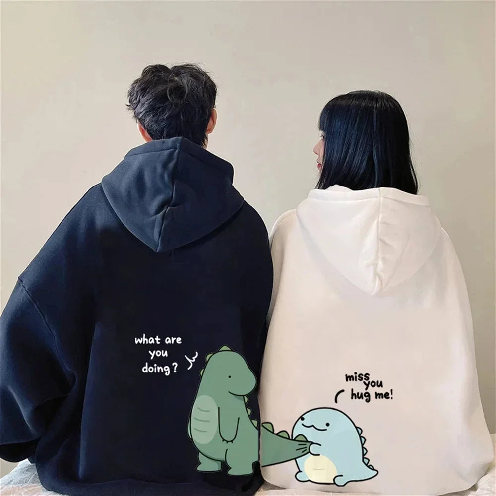 Spring and Autumn Couples Hooded Hoodie Fun Dinosaur Print Hooded Long Sleeved Sweatshirt Unisex Top Y2K Clothes-Style Heaven