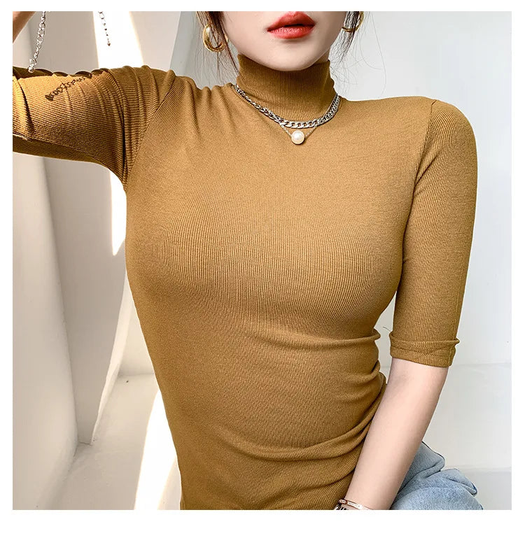 Basic Cotton T Shirt Women Turtleneck Slim Tshirt Short Sleeve T-shirts Female Casual Elasticity White Tee Shirt Femme Woman Top