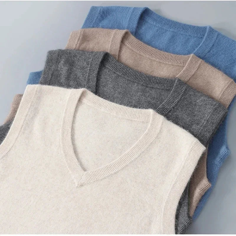 Cashmere Knitted Sweater Vest Men's Clothing V-neck Solid Color Pullover Camisole Bottom Spring Autumn Tops-Style Heaven